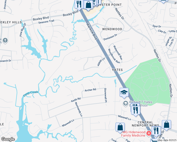 map of restaurants, bars, coffee shops, grocery stores, and more near 102 Pointers Glen in Newport News