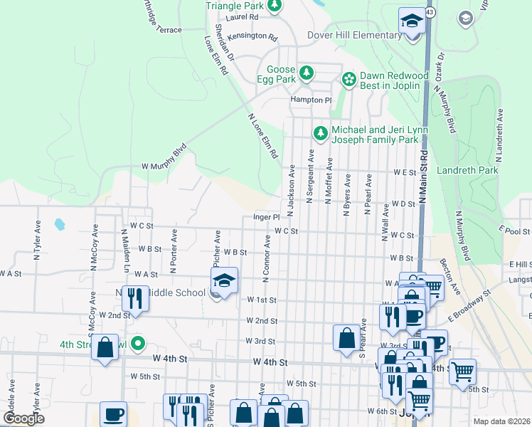 map of restaurants, bars, coffee shops, grocery stores, and more near 75 Inger Place in Joplin