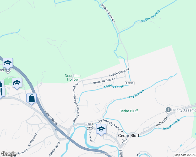 map of restaurants, bars, coffee shops, grocery stores, and more near Middle Creek Road in Cedar Bluff