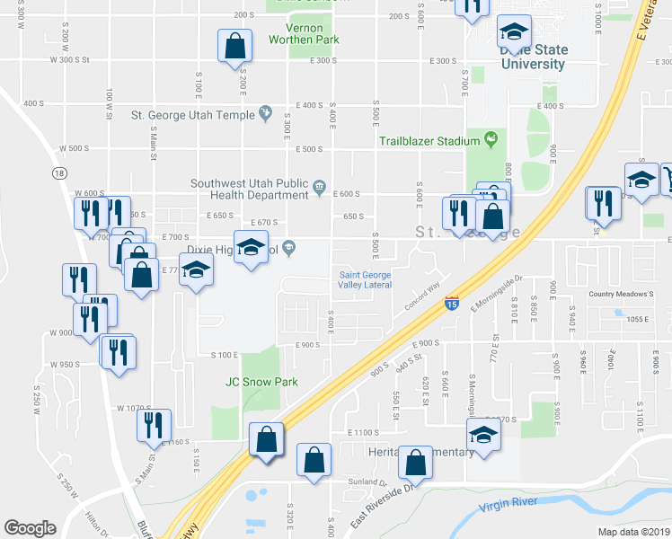 map of restaurants, bars, coffee shops, grocery stores, and more near Unnamed Road in St. George