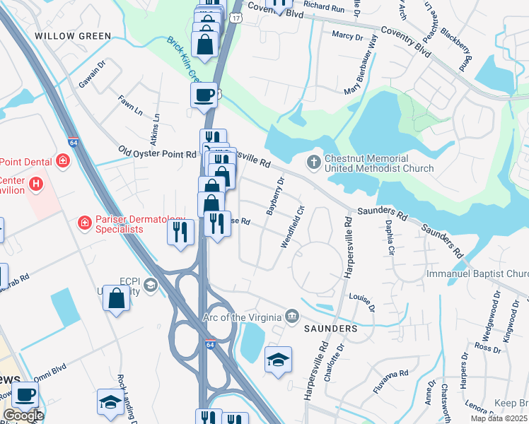 map of restaurants, bars, coffee shops, grocery stores, and more near 13 Bayberry Drive in Newport News