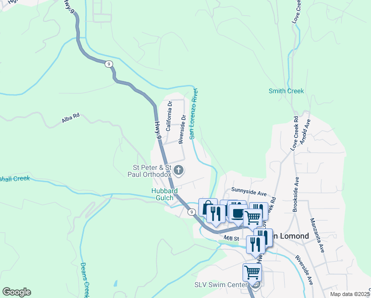 map of restaurants, bars, coffee shops, grocery stores, and more near 10110 Riverside Drive in Ben Lomond