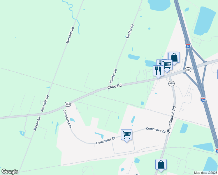 map of restaurants, bars, coffee shops, grocery stores, and more near 5758 Old Cario Road in Paducah