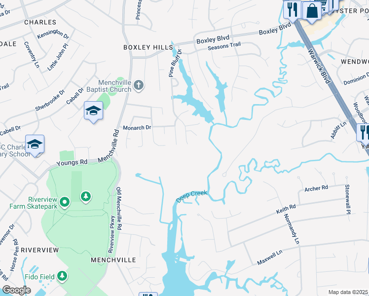 map of restaurants, bars, coffee shops, grocery stores, and more near 189 Pine Bluff Drive in Newport News