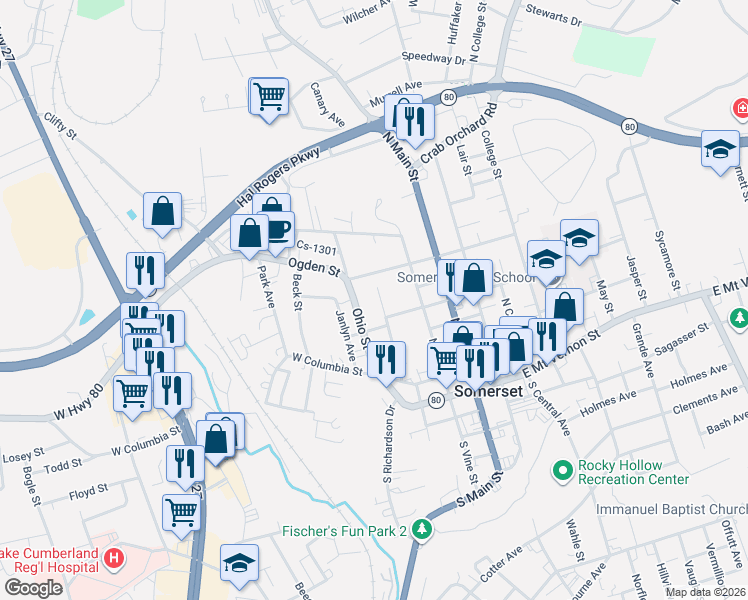 map of restaurants, bars, coffee shops, grocery stores, and more near 129 North Richardson Drive in Somerset