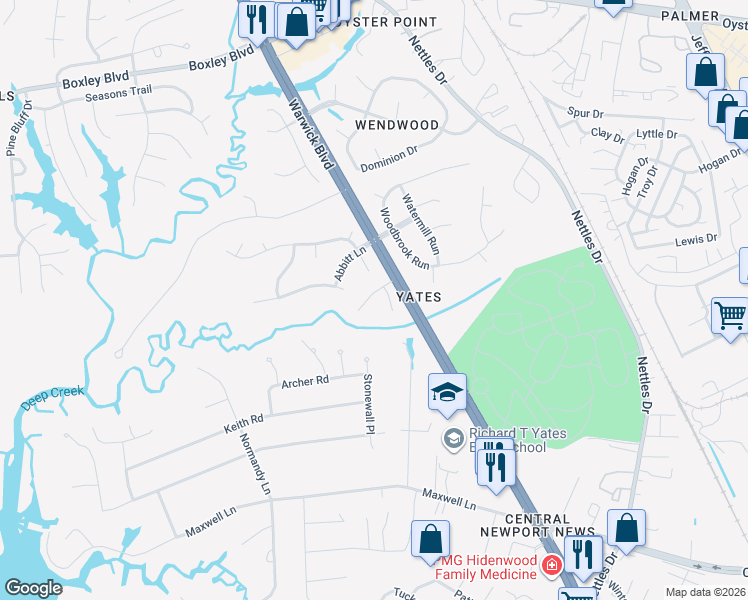 map of restaurants, bars, coffee shops, grocery stores, and more near 319 Charleston Way in Newport News