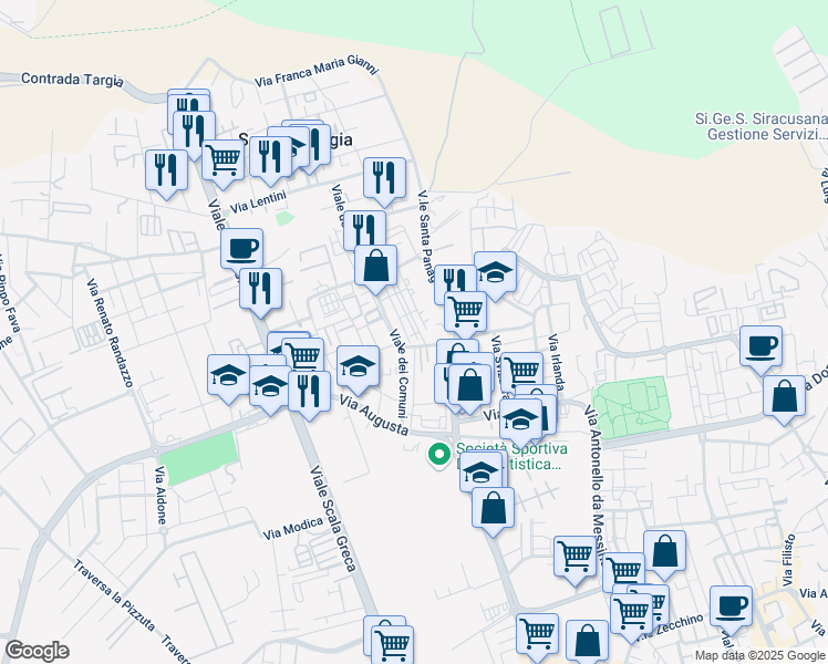 map of restaurants, bars, coffee shops, grocery stores, and more near 53 Viale dei Comuni in Siracusa