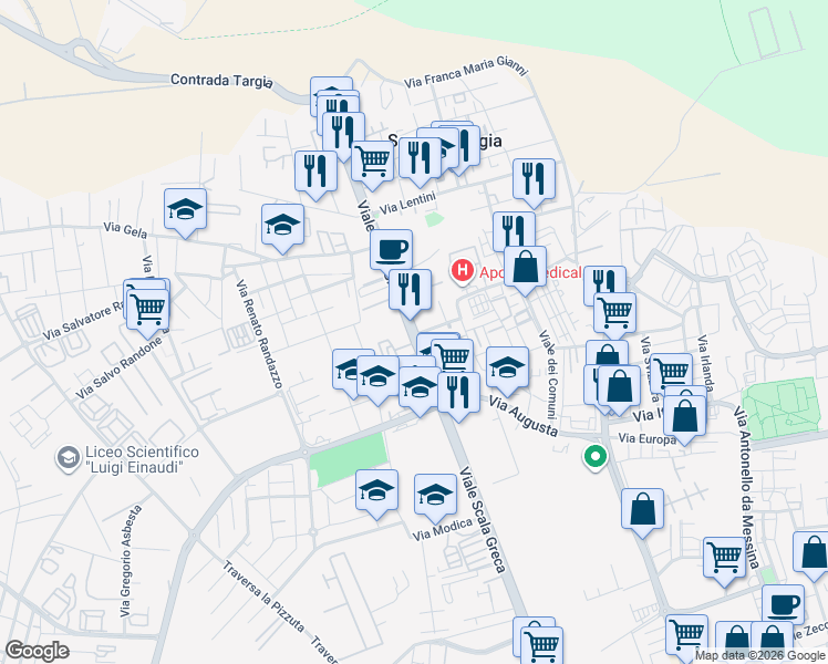 map of restaurants, bars, coffee shops, grocery stores, and more near 264 Viale Scala Greca in Siracusa