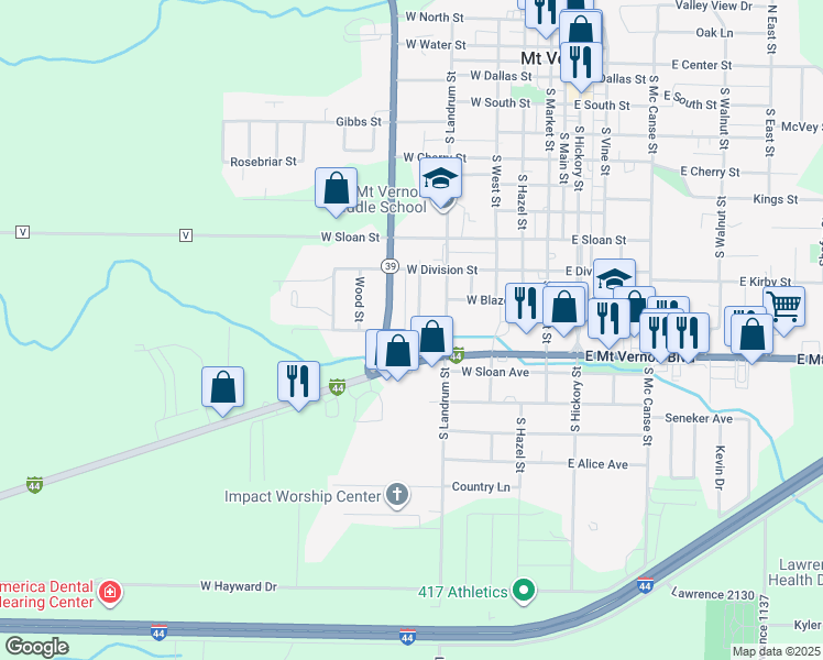 map of restaurants, bars, coffee shops, grocery stores, and more near 600-698 W 1st St in Mt Vernon