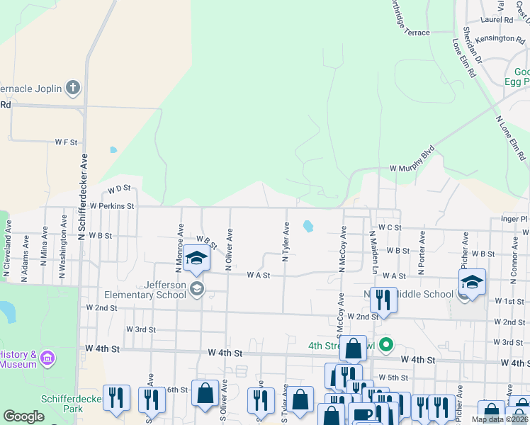map of restaurants, bars, coffee shops, grocery stores, and more near 2006 West Perkins Street in Joplin