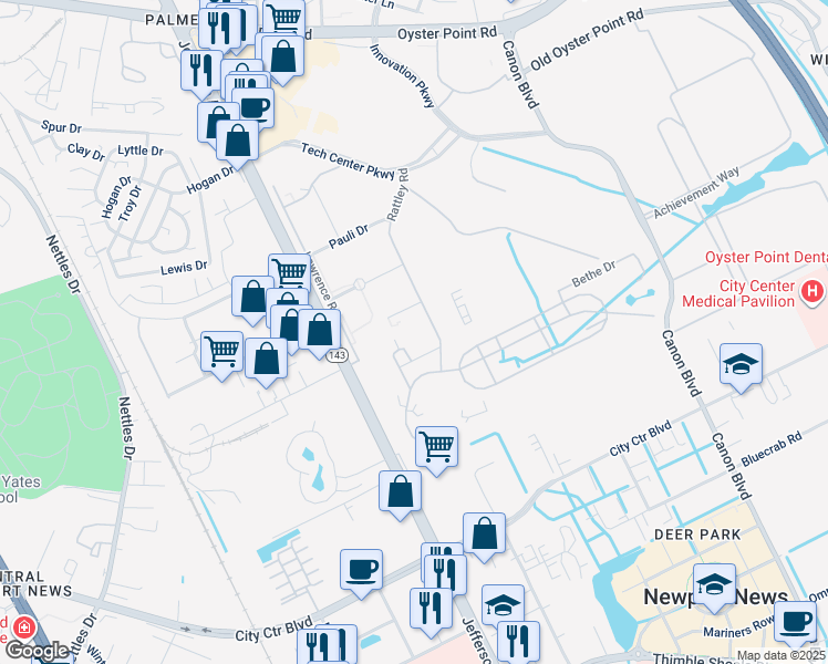 map of restaurants, bars, coffee shops, grocery stores, and more near 12000 Jefferson Avenue in Newport News
