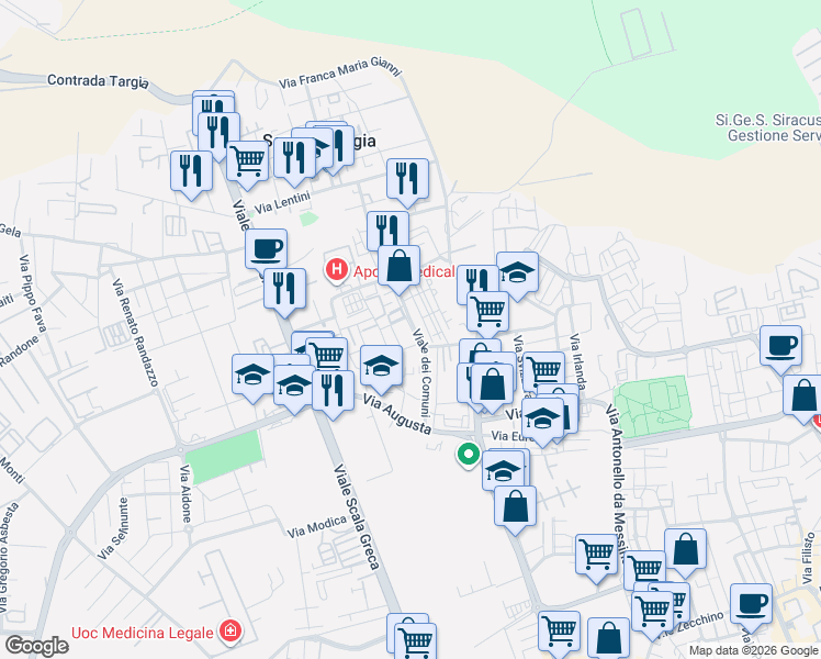 map of restaurants, bars, coffee shops, grocery stores, and more near 53 Viale dei Comuni in Siracusa