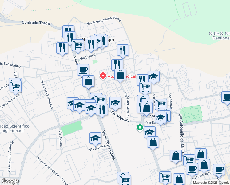 map of restaurants, bars, coffee shops, grocery stores, and more near 71 Via Paternò in Syracuse