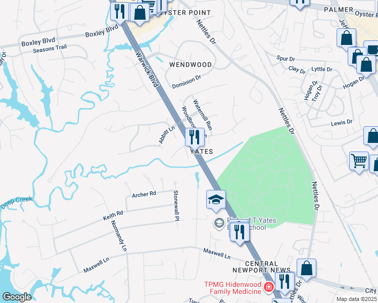 map of restaurants, bars, coffee shops, grocery stores, and more near 309 Savannah Court in Newport News