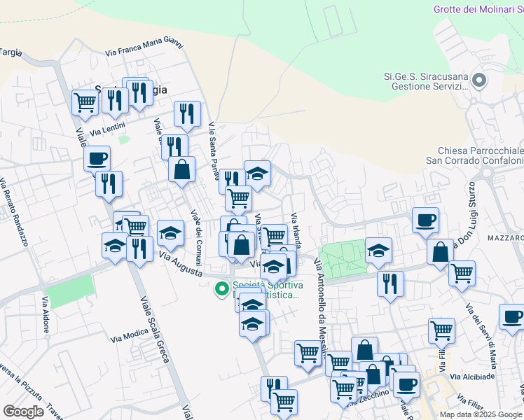 map of restaurants, bars, coffee shops, grocery stores, and more near 14b Via Austria in Siracusa