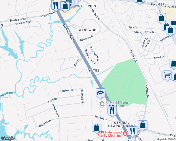 map of restaurants, bars, coffee shops, grocery stores, and more near 309 Savannah Court in Newport News