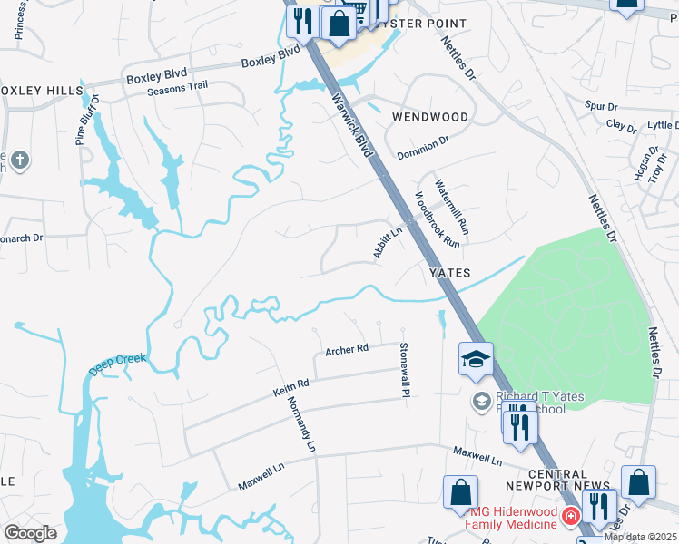 map of restaurants, bars, coffee shops, grocery stores, and more near 102 Pointers Glen in Newport News