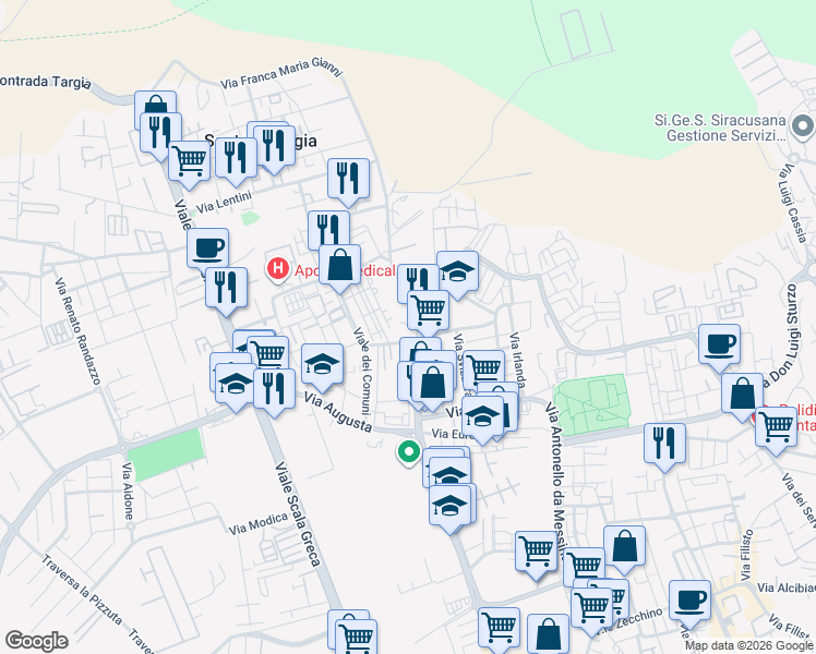 map of restaurants, bars, coffee shops, grocery stores, and more near Via Calatabiano in Syracuse