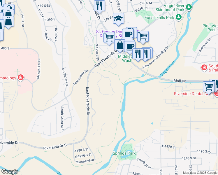 map of restaurants, bars, coffee shops, grocery stores, and more near East Riverside Drive in St. George