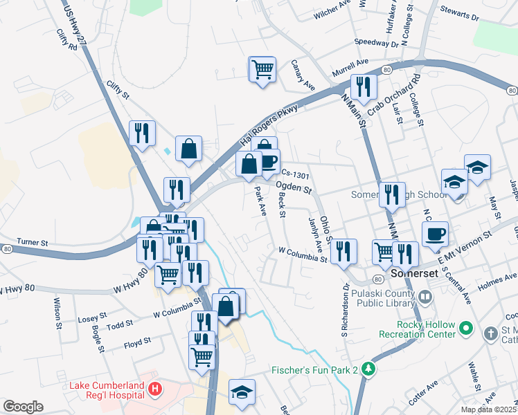 map of restaurants, bars, coffee shops, grocery stores, and more near 110 Park Avenue in Somerset