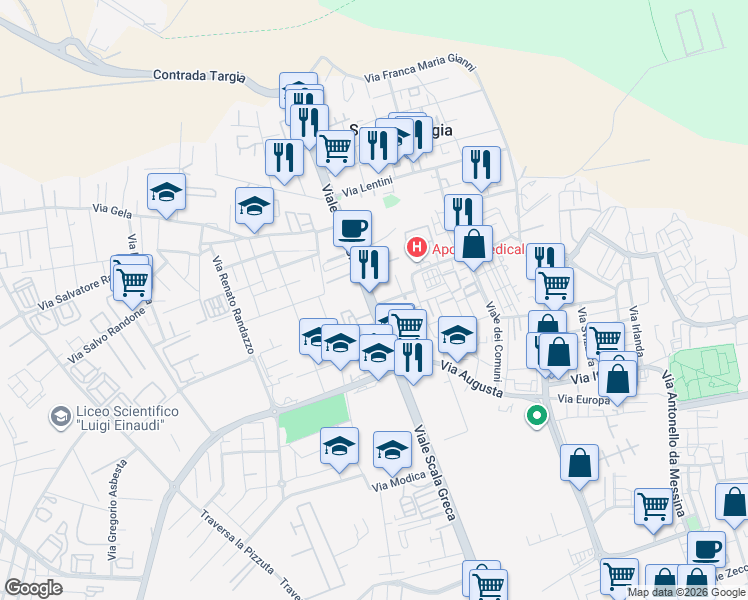 map of restaurants, bars, coffee shops, grocery stores, and more near 264 Viale Scala Greca in Siracusa
