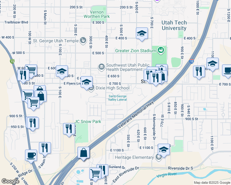 map of restaurants, bars, coffee shops, grocery stores, and more near 777 South 400 East in St. George