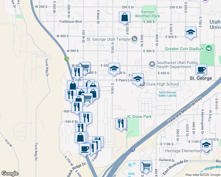 map of restaurants, bars, coffee shops, grocery stores, and more near 96 East 750 South in St. George