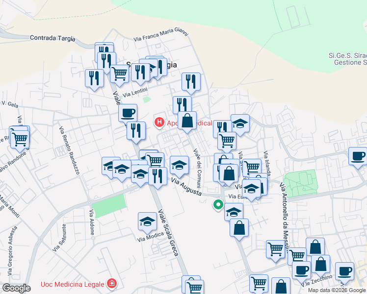 map of restaurants, bars, coffee shops, grocery stores, and more near 71 Via Paternò in Syracuse