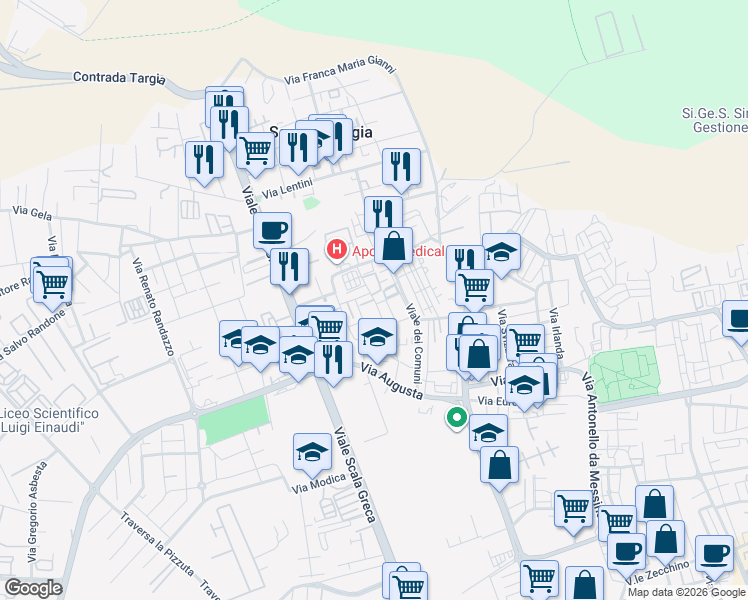 map of restaurants, bars, coffee shops, grocery stores, and more near 71 Via Paternò in Syracuse
