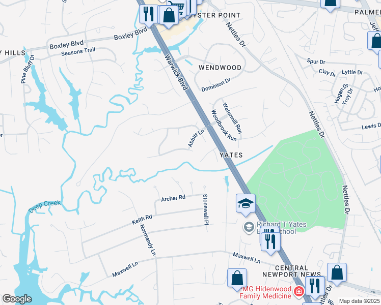 map of restaurants, bars, coffee shops, grocery stores, and more near 1 Pointers Glen in Newport News
