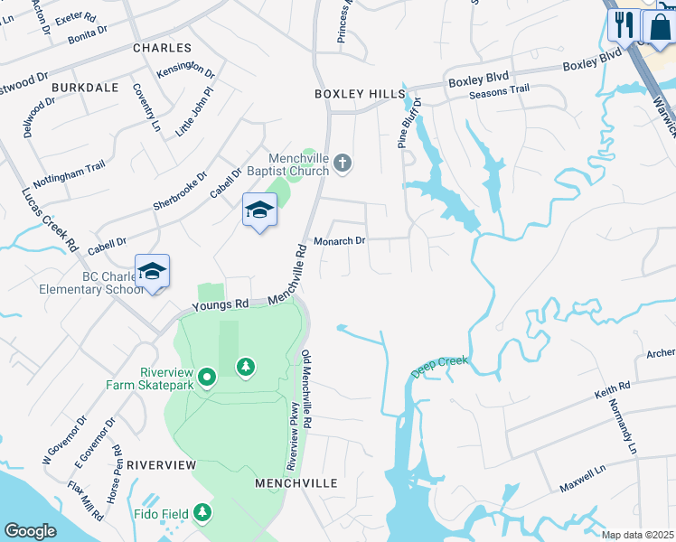 map of restaurants, bars, coffee shops, grocery stores, and more near 296 Adrienne Place in Newport News