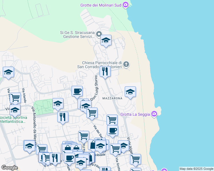 map of restaurants, bars, coffee shops, grocery stores, and more near 5-7 Via Gaetano Barresi in Siracusa