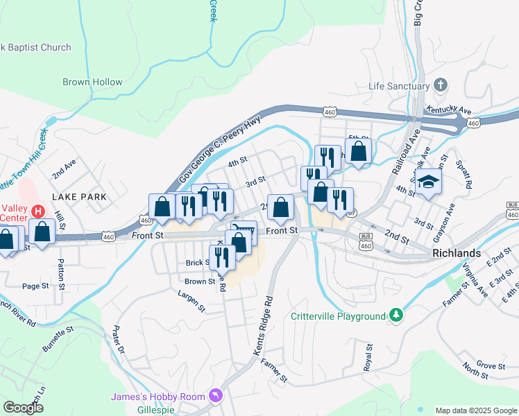 map of restaurants, bars, coffee shops, grocery stores, and more near Virginia 67 in Richlands
