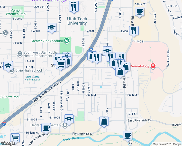 map of restaurants, bars, coffee shops, grocery stores, and more near 970 East 700 South in St. George