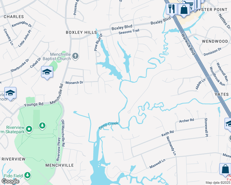 map of restaurants, bars, coffee shops, grocery stores, and more near 180 Pine Bluff Drive in Newport News