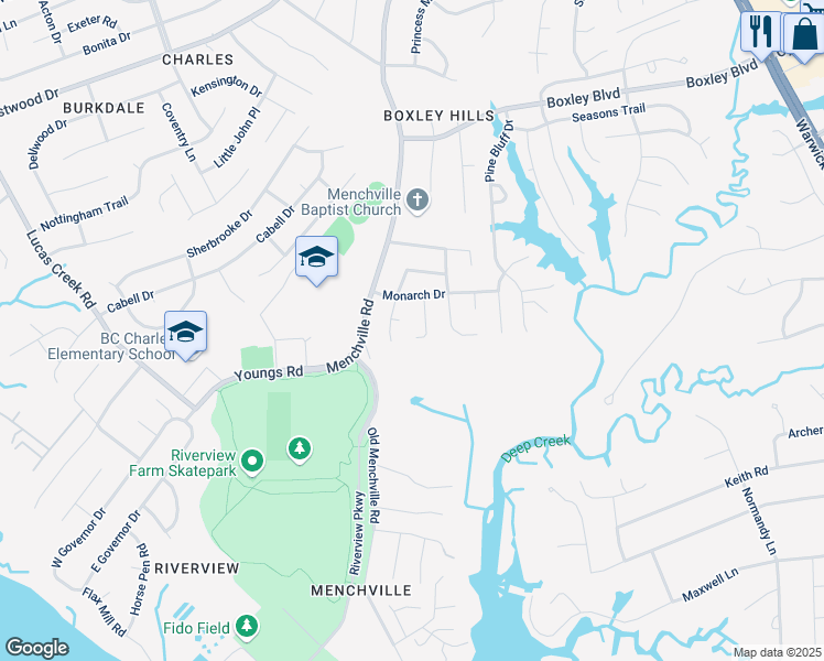 map of restaurants, bars, coffee shops, grocery stores, and more near 296 Adrienne Place in Newport News