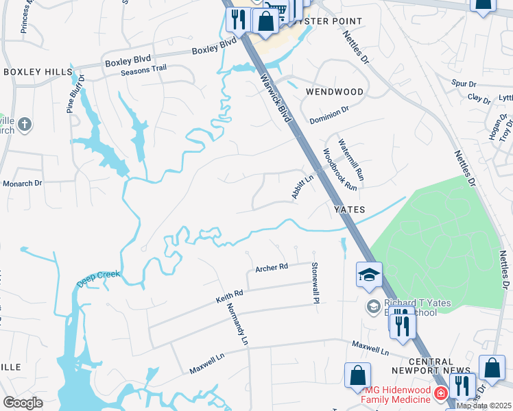 map of restaurants, bars, coffee shops, grocery stores, and more near 97 Pointers Glen in Newport News