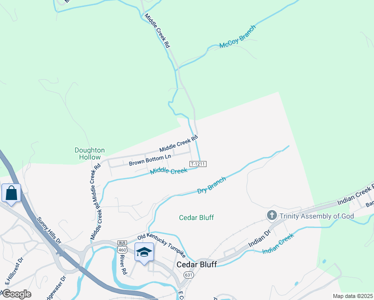 map of restaurants, bars, coffee shops, grocery stores, and more near Brown Bottom Lane in Cedar Bluff