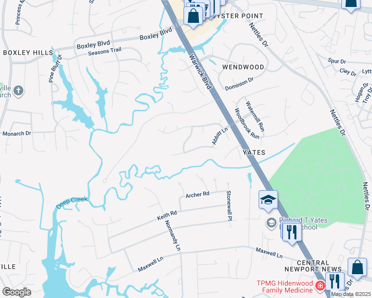 map of restaurants, bars, coffee shops, grocery stores, and more near 97 Pointers Glen in Newport News