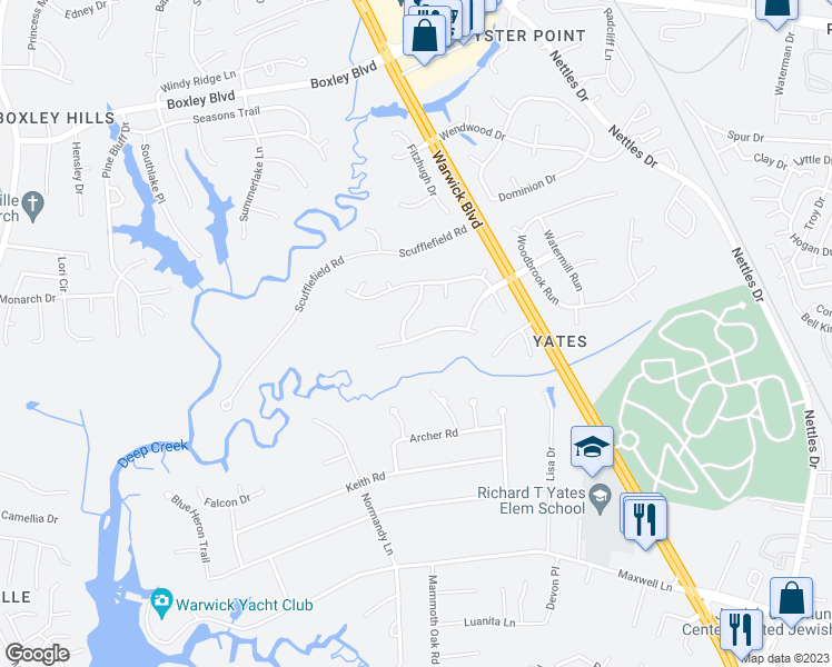 map of restaurants, bars, coffee shops, grocery stores, and more near 99 Pointers Glen in Newport News