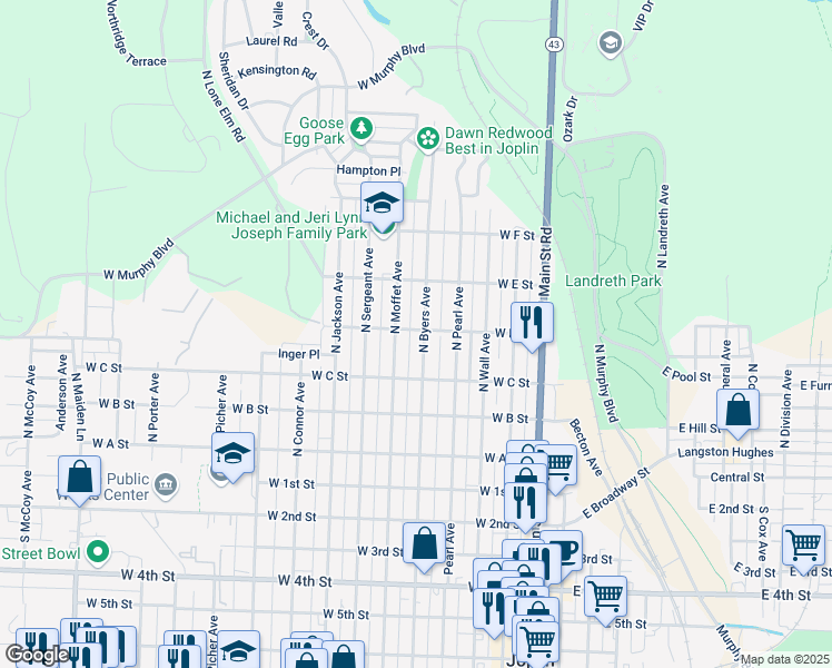 map of restaurants, bars, coffee shops, grocery stores, and more near 432 North Byers Avenue in Joplin