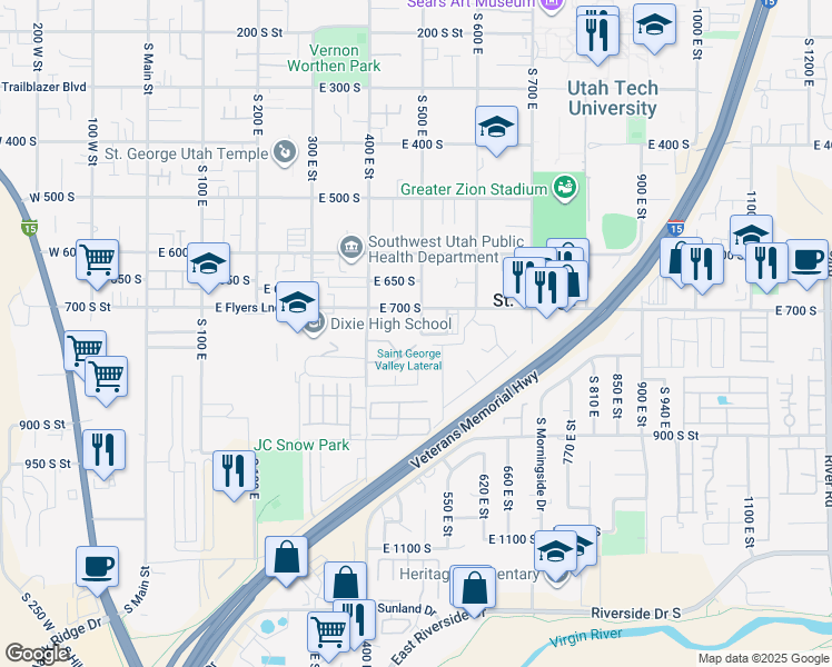 map of restaurants, bars, coffee shops, grocery stores, and more near 774 Cambridge Drive in St. George