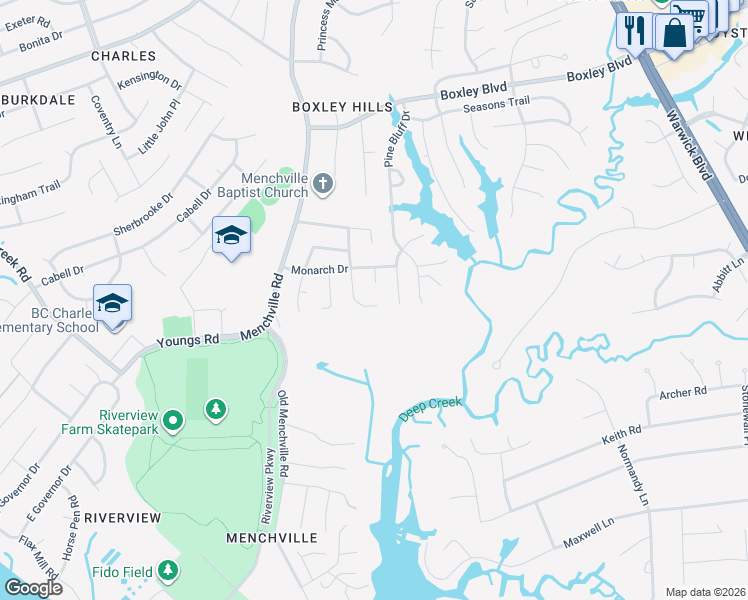 map of restaurants, bars, coffee shops, grocery stores, and more near 193 Lori Circle in Newport News