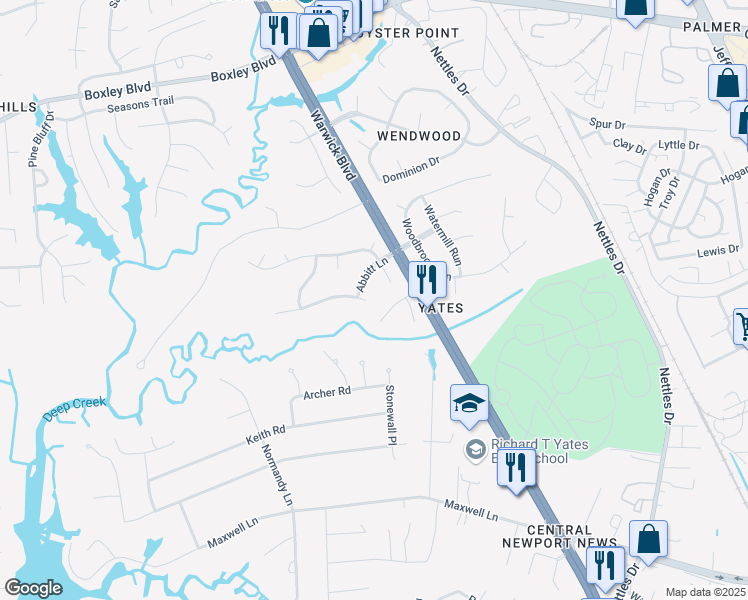 map of restaurants, bars, coffee shops, grocery stores, and more near 123 Pointers Glen in Newport News