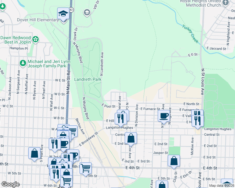 map of restaurants, bars, coffee shops, grocery stores, and more near 504 North Mineral Avenue in Joplin