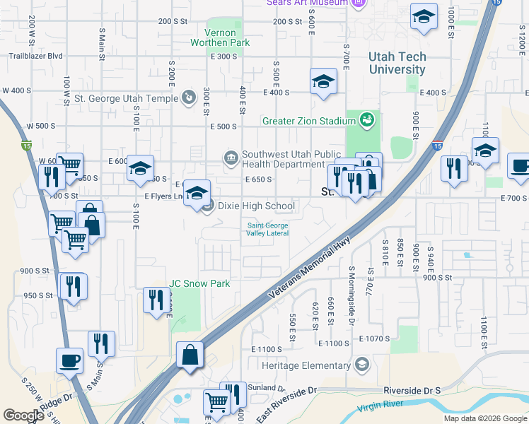 map of restaurants, bars, coffee shops, grocery stores, and more near 464 East 700 South in St. George