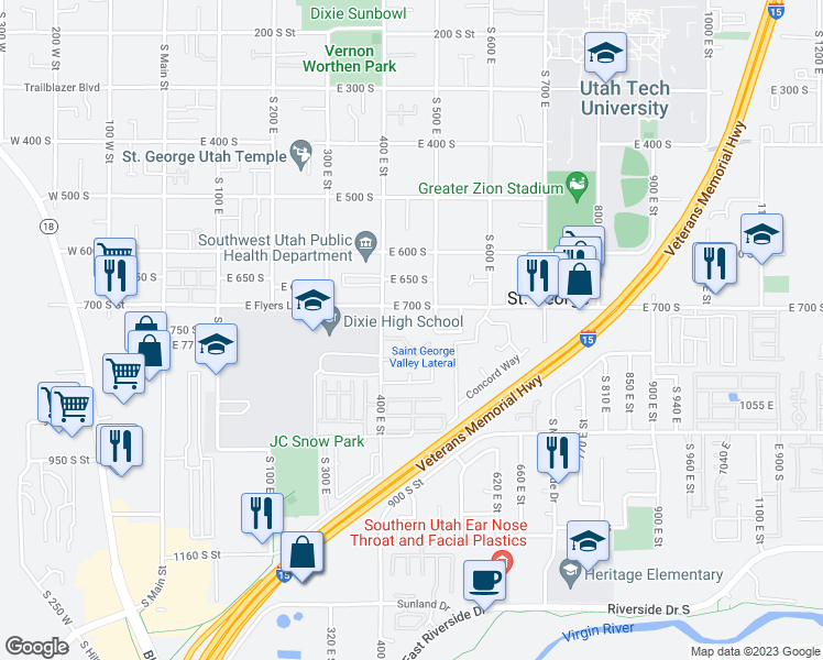map of restaurants, bars, coffee shops, grocery stores, and more near 454 East 700 South in St. George