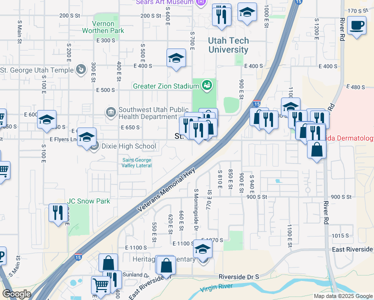 map of restaurants, bars, coffee shops, grocery stores, and more near 665 Concord Way in St. George