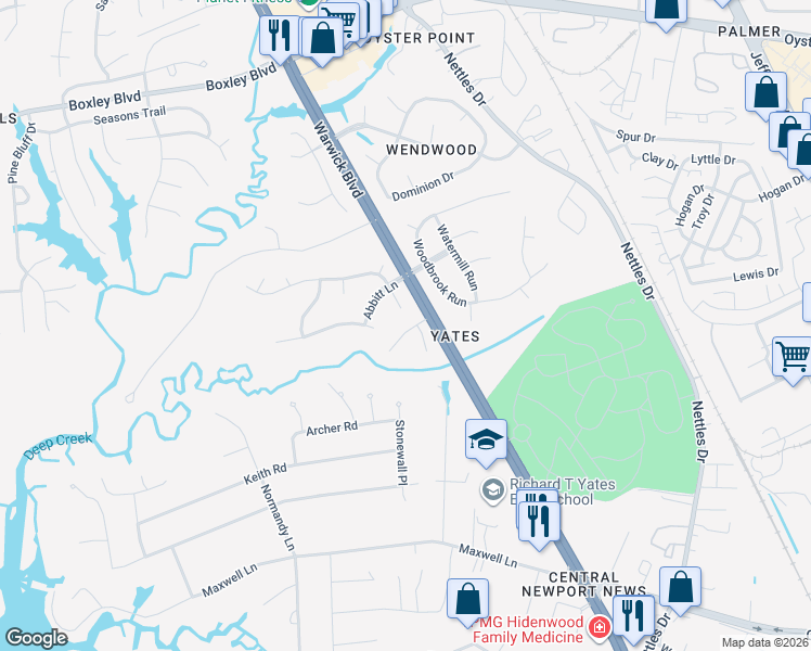 map of restaurants, bars, coffee shops, grocery stores, and more near 319 Charleston Way in Newport News