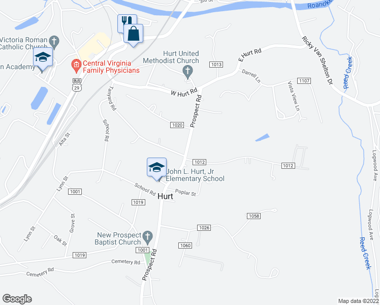 map of restaurants, bars, coffee shops, grocery stores, and more near 210 Prospect Road in Hurt
